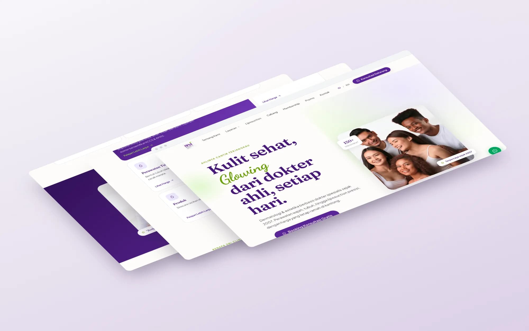 DNI Clinic, page sections shown as floating layers