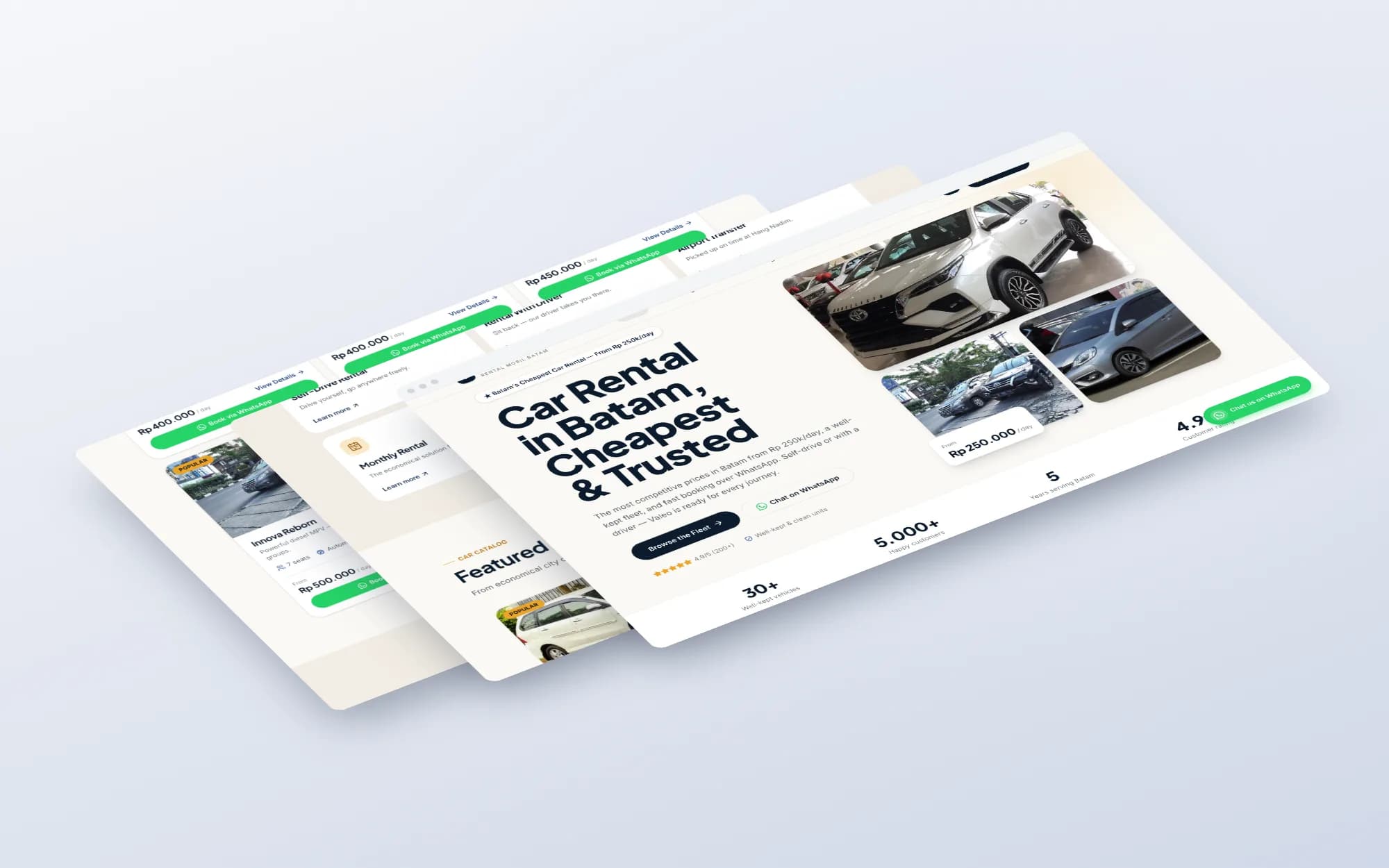 Valeo Rental, page sections shown as floating layers